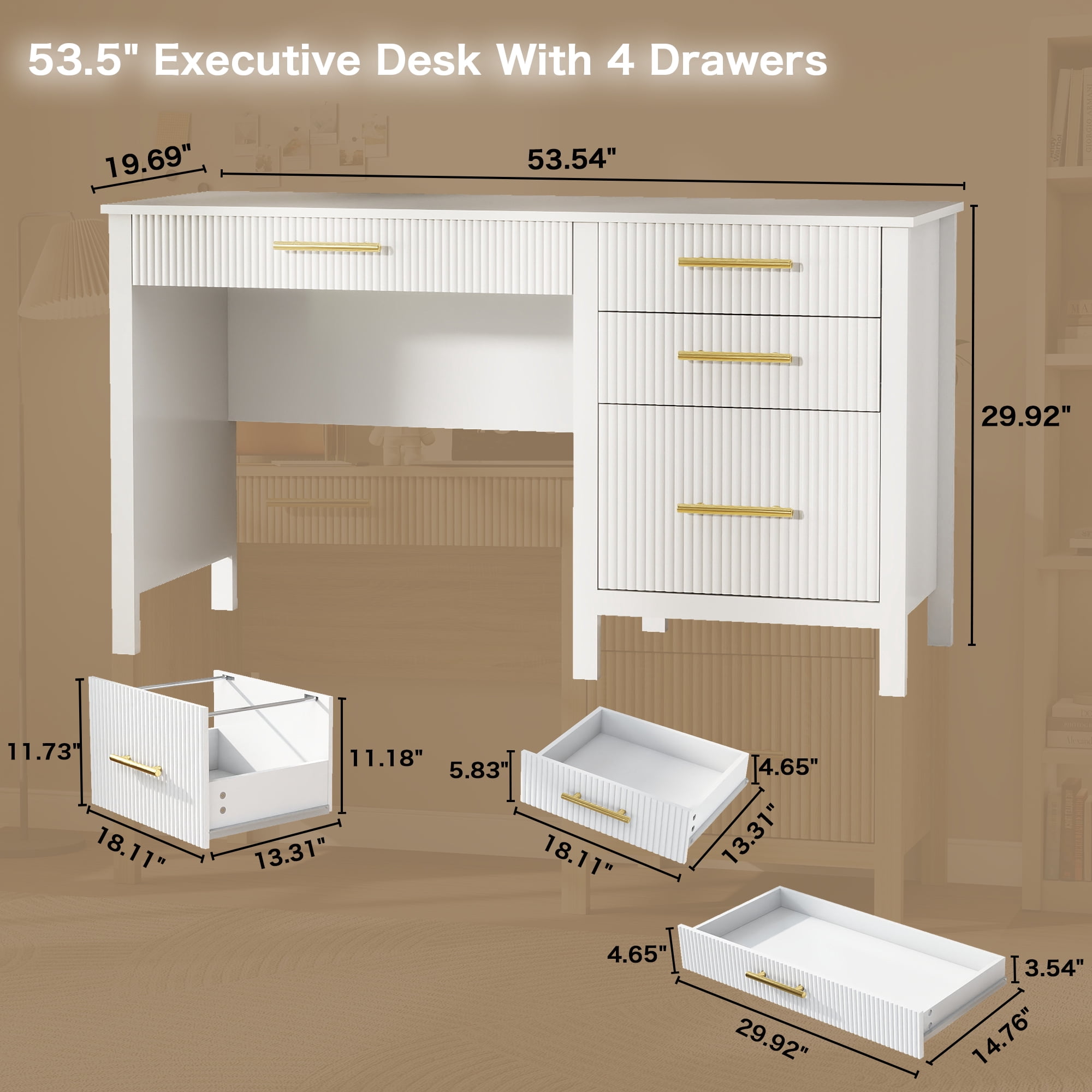 53.5" Executive Desk with Drawers, Home Office Desk with File Cabinet,Computer Desk Writing Workspace for Work Study