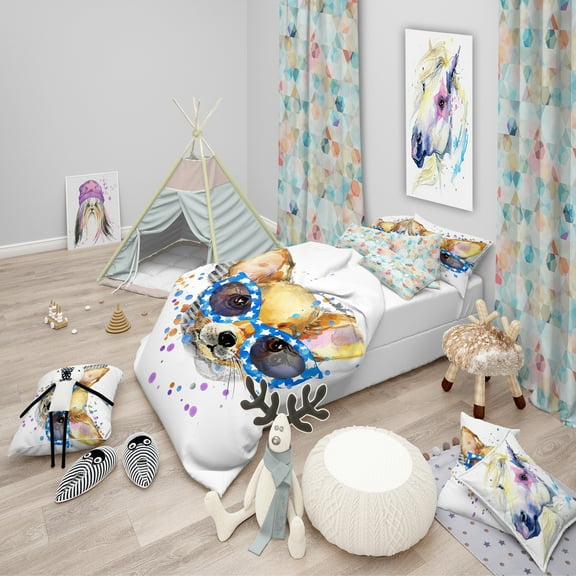 Designart 'Cute Puppy with Blue Glasses' Modern & Contemporary Duvet Cover Set