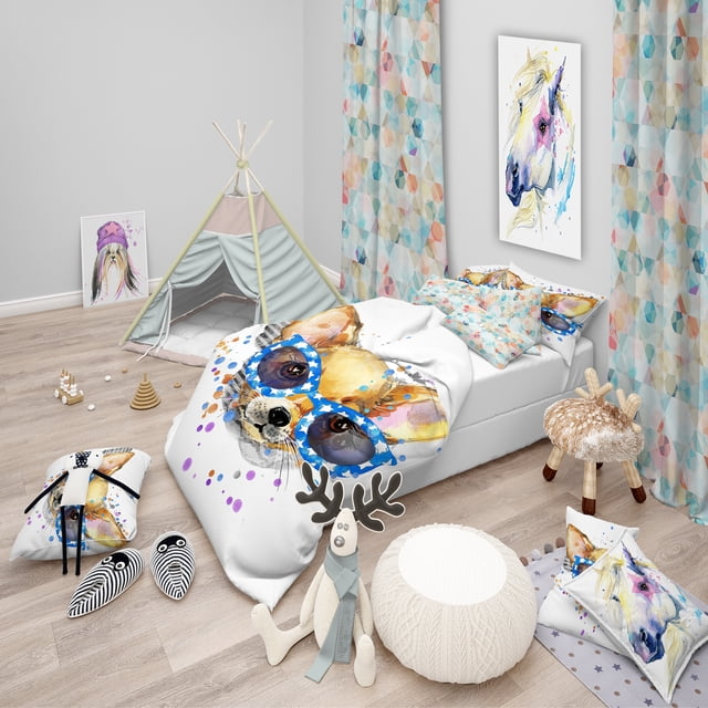 Designart 'chiot Mignon avec des Lunettes Bleues - Ensemble de Housse de Couette Moderne