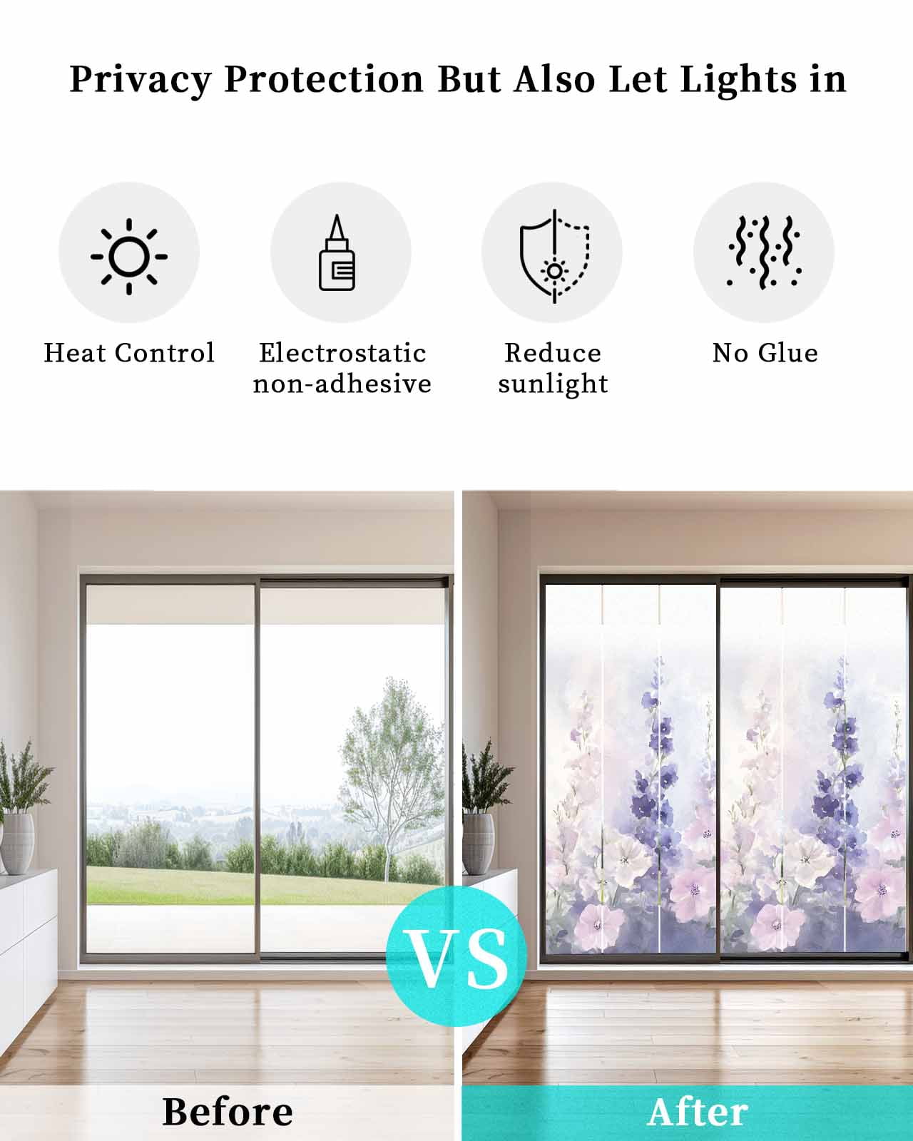 Window Privacy Film Lavender Stained Glass Window Film Decorative Sun Block Window Cover Pastoral Pastel Purple Pink Wildflower Window Clings Static Adhesive Sticker for Bathroom 23.6"x59"