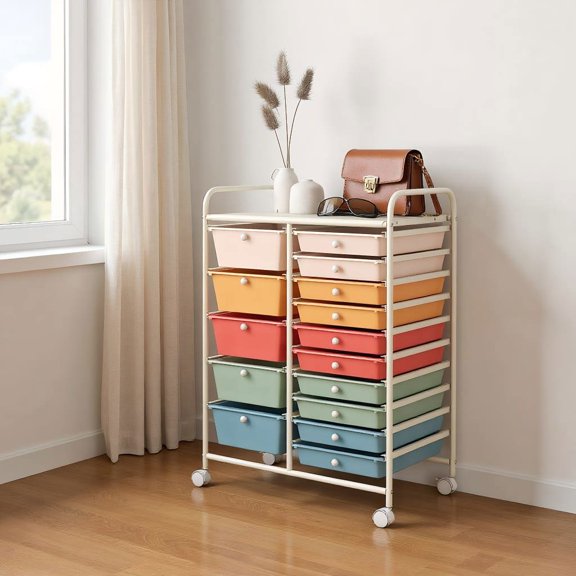 Barara King File Cabinet, Filing Cabinet Organizer,15-Drawer Utility Rolling Organizer Cart Multi-Use Storage-Deep Multicolor