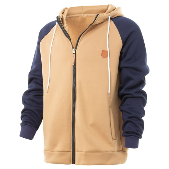 ZCFZJW Raglan Sleeve Hoodie Tops for Men Lightweight Casual Patchwork Long Sleeve Drawstring Long Sleeve Full Zip up Hooded Pullover Sweatshirts with Pockets Camel L
