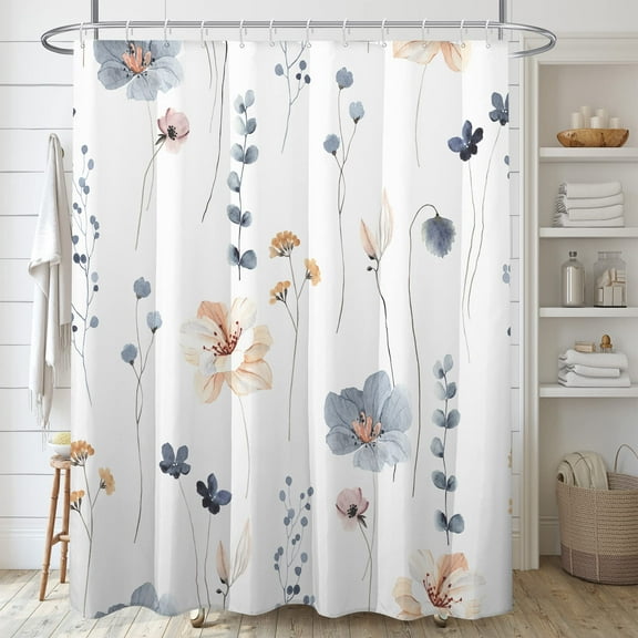 Watercolor Floral Shower Curtain Sets,Blue Beige Flowers Bathroom Curtains,Modern Minimalist White Bath Curtain, Waterproof Fabric with 12 Hooks 72x72 Inches