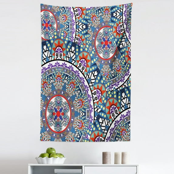 Vintage Tapestry, Abstract Graphic Ornamental Hand Drawn Art with Circular Floral Motifs, Fabric Wall Hanging Decor for Bedroom Living Room Dorm, 5 Sizes, Multicolor, by Ambesonne