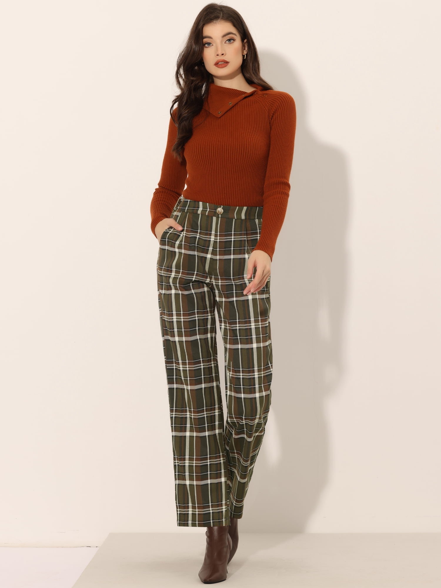 DARING DIVA Women's Plaid Trousers Pockets Straight Leg Casual Pant XS Army Green