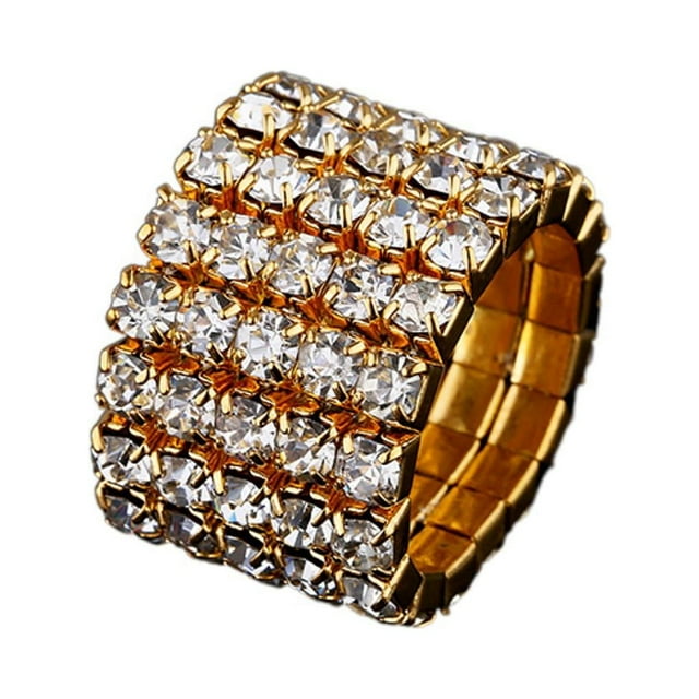 Transemion Elastic Ring Fashionable Crystal Inlays For Elegant Presence Alloy Is golden 5 rows 1Set