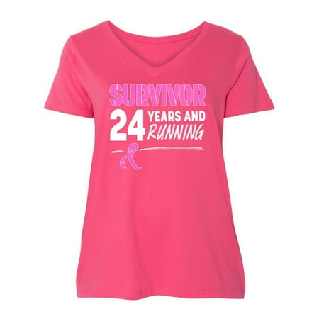 

Inktastic Breast Cancer Survivor 24 Years and Running with Pink RIbbon Women s Plus Size V-Neck