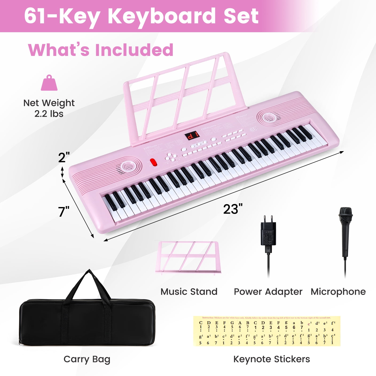 Costway 61Key Keyboard Piano for Beginners,Electric Portable Digital Piano with Music Stand Pink