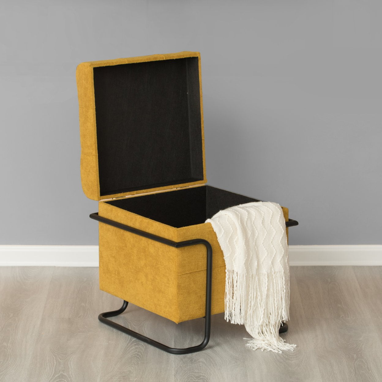 Square Fabric Storage Ottoman with Black Metal Frame