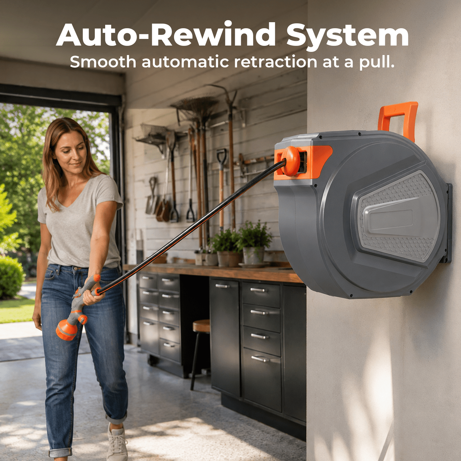 Alvantor Retractable Garden Hose Reel, 1/2" 65-130FT Wall Mount Light Grey, Ceiling/Wall Mount, 180° Swivel Mount