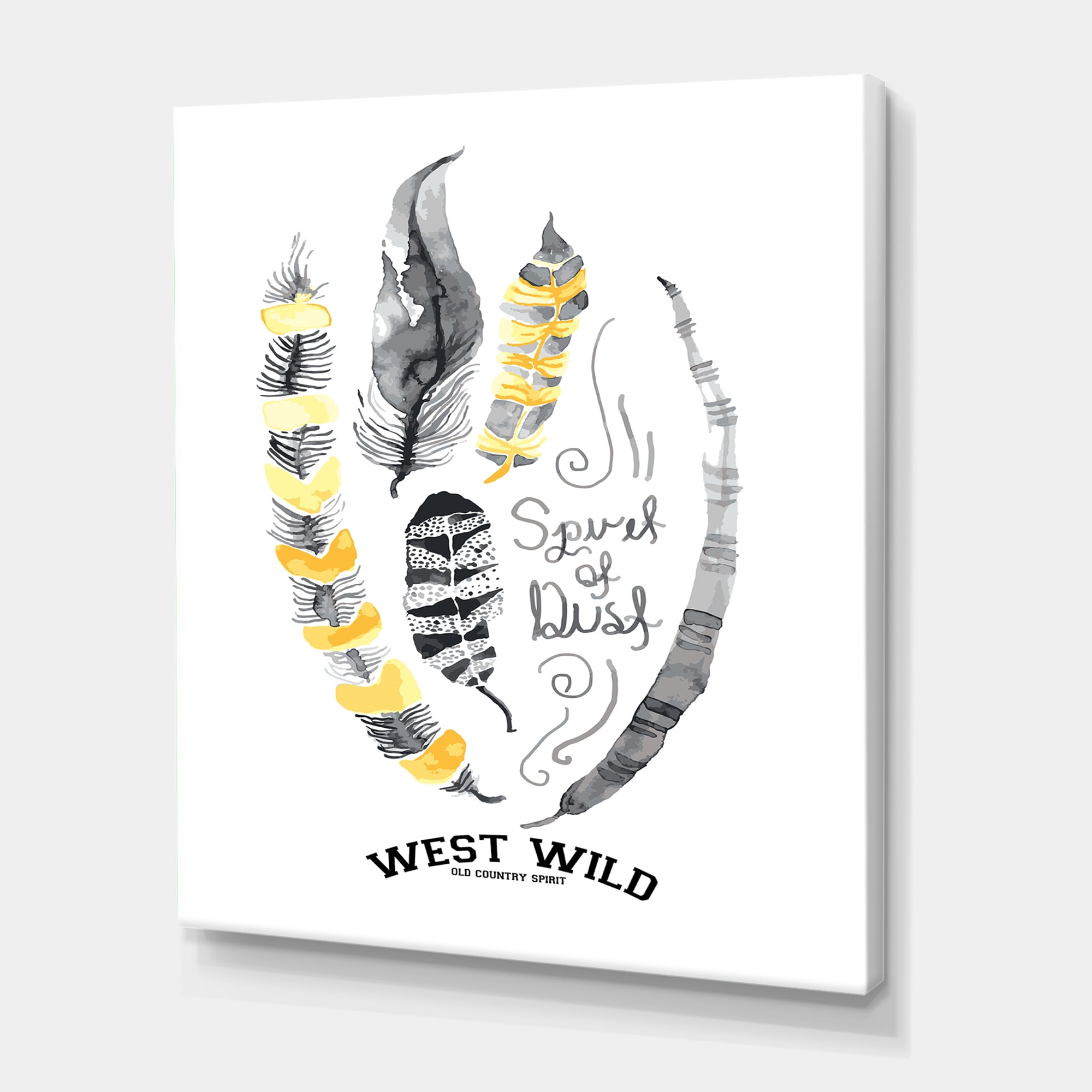 Designart ' Yellow Ethnic Plume Feathers On White ' Bohemian & Eclectic Canvas Wall Art Print
