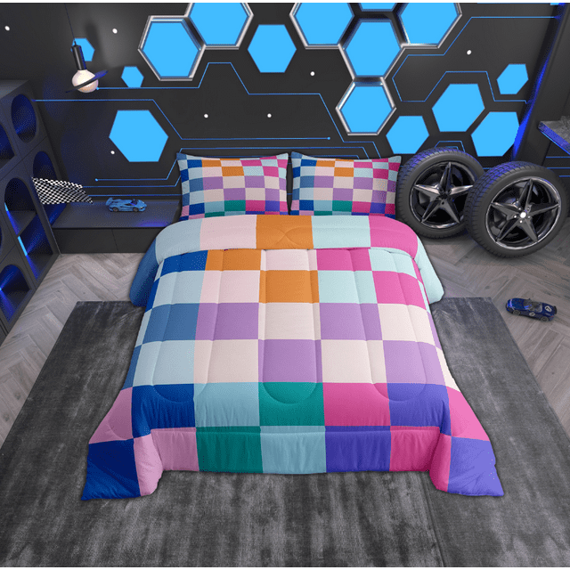 Erosebridal Checkered Gingham Comforter Sets King Size, Colorful Rainbow Comforters & Duvets, Rectangle Geometry Reversible Duvet Insert, Lightweight Room Decorative, 3pcs