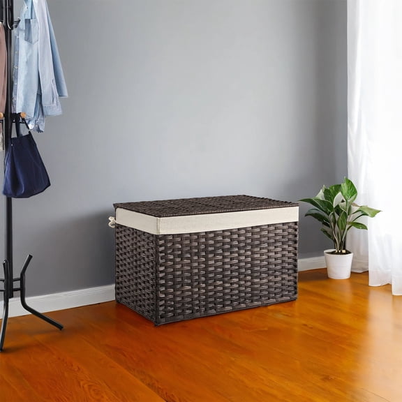LEDREM Woven Storage Basket with Lid,42.3 Gallon (160L) Foldable Laundry Bin,Removable Liner&Metal Frame,Handles,Waterproof&Ventilated,Brown
