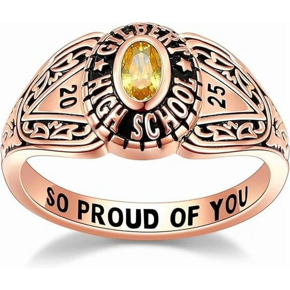 Custom Class Rings Cubic Zirconia Birthstone Rings Class Rings for Women High School Sterling Silver Rings Women's Class Rings Rose Gold Plated Rings Size 5-15 Graduation Rings for Women