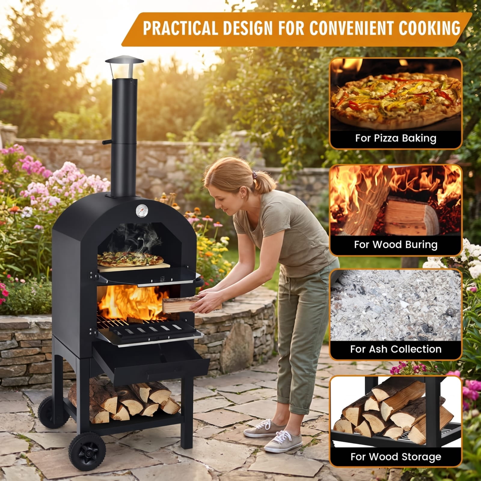 Biotree Portable Outdoor Pizza Oven with Pizza Stone and Waterproof Cover for Backyard Cooking, Black