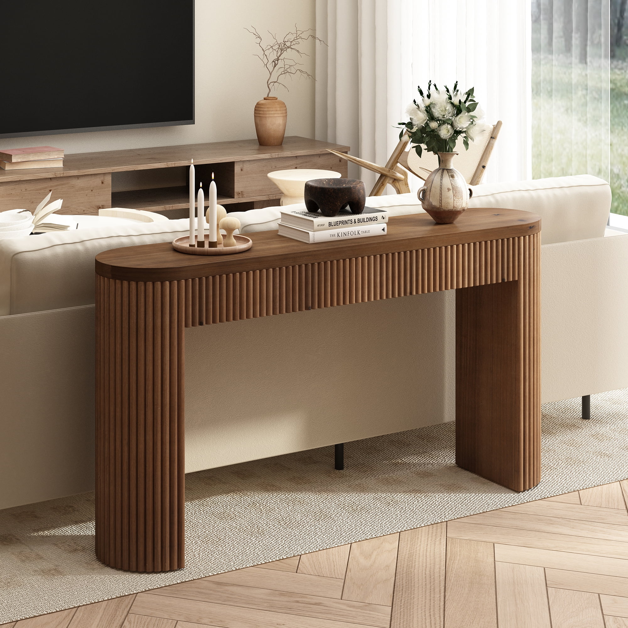 55'' Solid Wood Fluted Console Table with Drawer, Narrow Entryway Table Behind Couch for Living Room Hallway, Brown