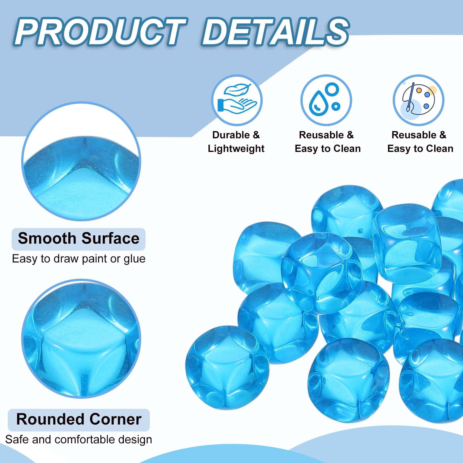 16 mm Clear Acrylic Dice Blank, 100 Pcs Rounded Corner Blank Dice with Smoothed Surface Six Sided for Board, Light Blue