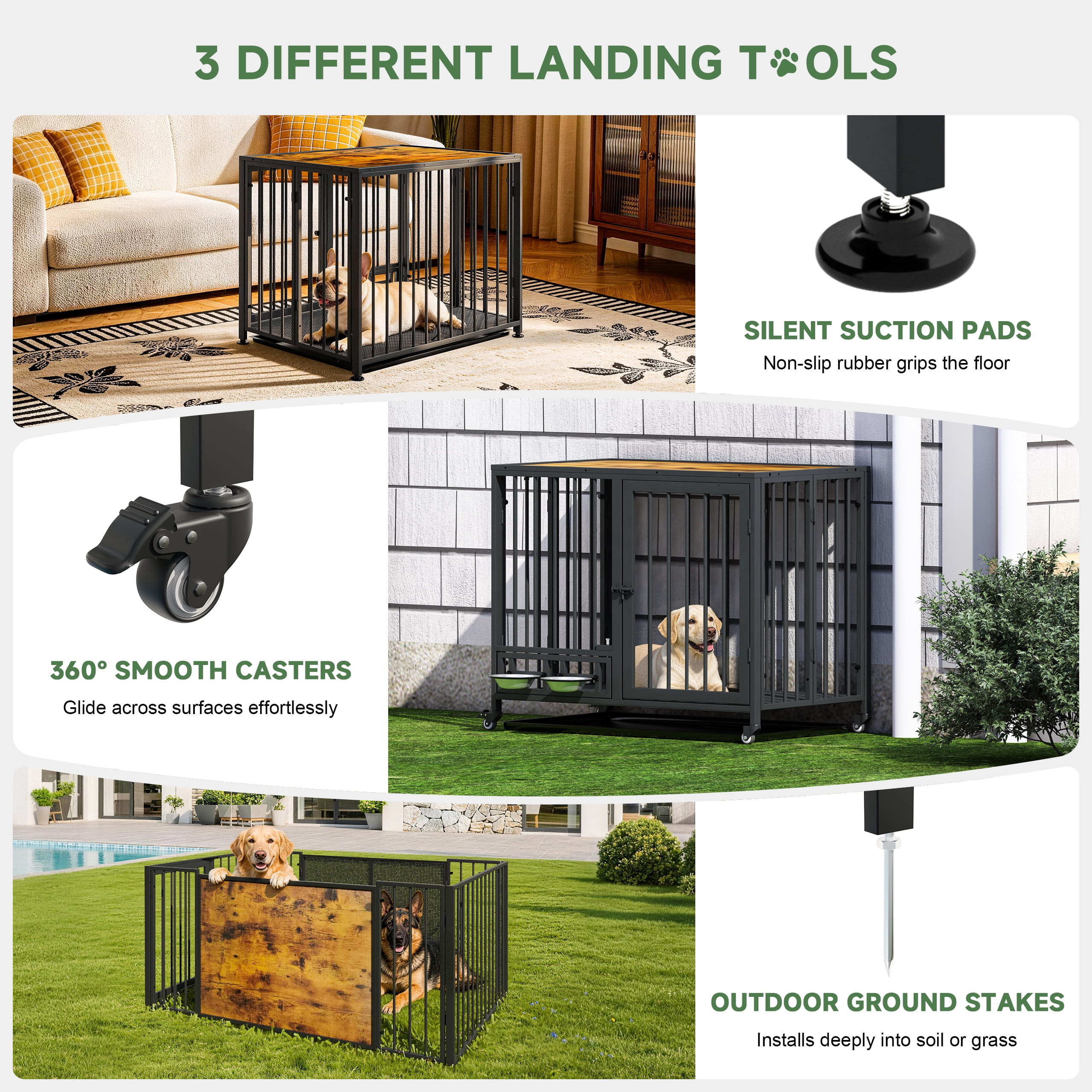 Amoveo 37.8" Heavy Duty Dog Crate for Medium Dogs, 3-in-1 Collapsible Metal Kennel & Playpen with Lockable Wheels & Feeding Bowls, Indoor Outdoor,Brown