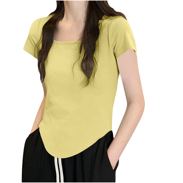 Camiseta de Trabajo de Manga Corta Nueva Camiseta de Cuello Redondo de Color Sólido de Corte Bajo, 95% Poliéster 5% Blusa de Spandex, Lavado a Mano de Uso Diario