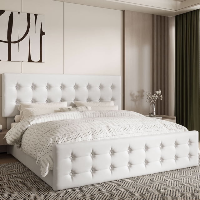 Bingirl King Size Linen Upholstered Platform Bed Frame with 4 Storage Drawers and Headboard, Wooden Slats Support, No Box Spring Needed, Button Tufted Design - White