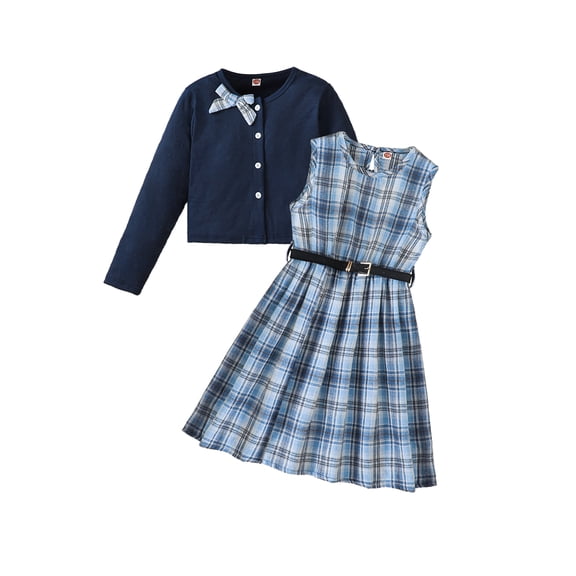 PureChapter Girls' Clothing Sets Long Sleeve Ribbed Cardigan & Plaid Sleeveless Pleated Dress 2-Piece Fall Outfit with Belt & Bow 11-12 Years
