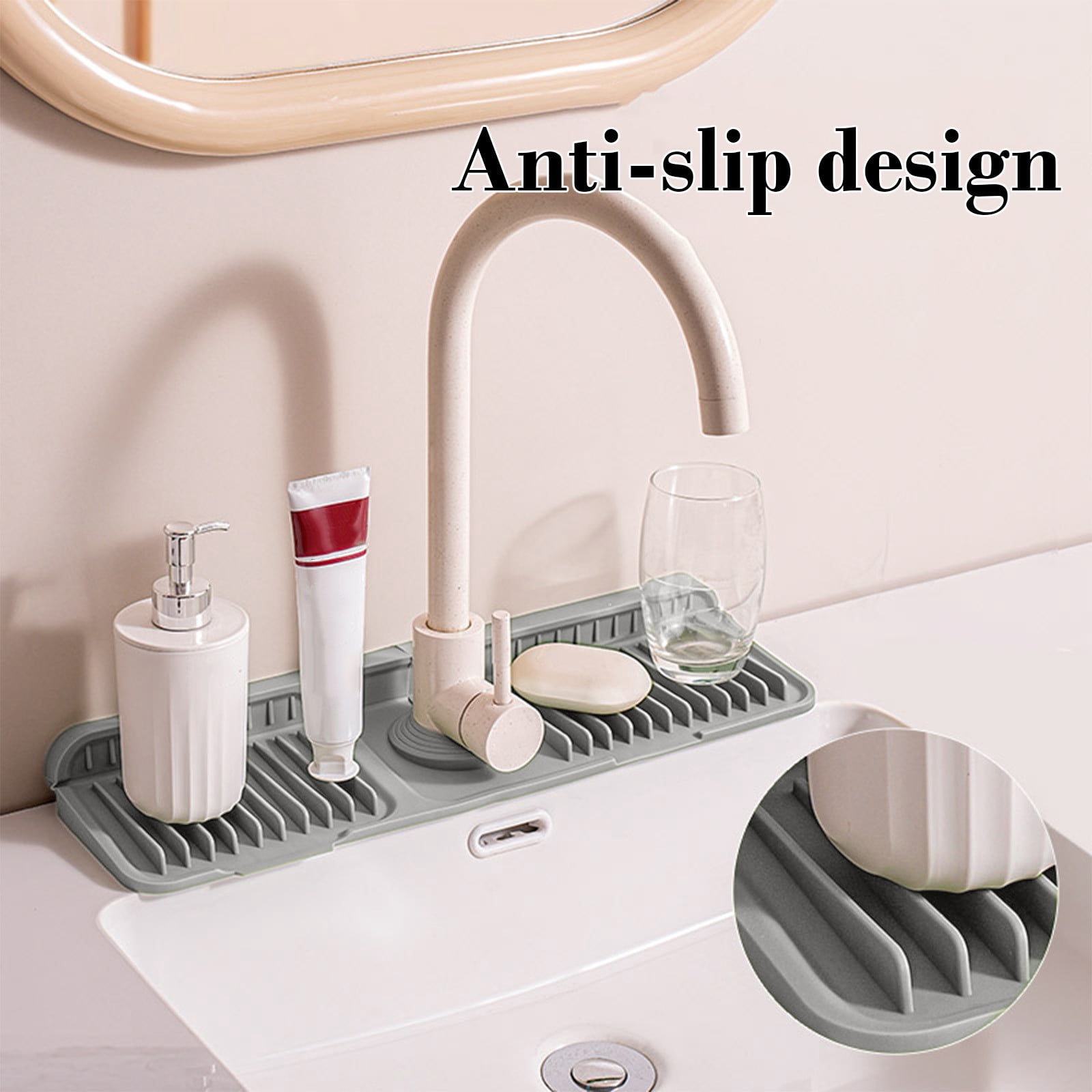 Lunxisen 4 pcs Button Style Silicone Faucet Mat for Kitchen Sink Slope & Fasten Button Design, Quick-Dry Splash Guard Water Catcher Behind Faucet, RV/Bathroom Safe