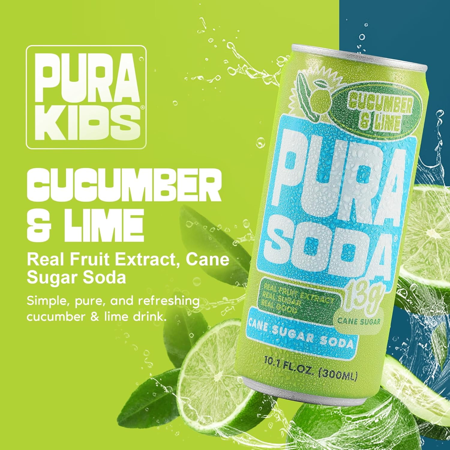 PuraSoda® Cucumber & Lime | Low-Calorie, Cane Sugar Soda Beverage | Non-GMO, Vegan | Made with Pure Cane Sugar, No Preservatives | 10.1 fl oz (300ml) Cans, 24-Pack