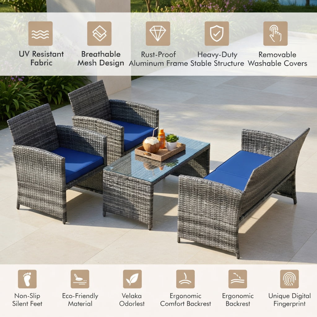 Hommoo 2-Piece Outdoor Patio Loveseat & Coffee Table Set with Cushions, Steel Frame, Weather-Resistant, Turquoise