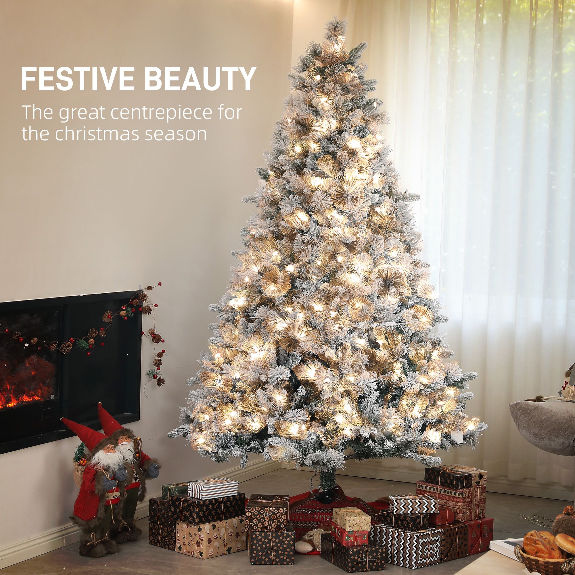 7.5 ft Prelit Flocked Christmas Tree with 500 Clear Lights, 1530 Tips, Steel Frame and Metal Stand for Indoor Holiday Display