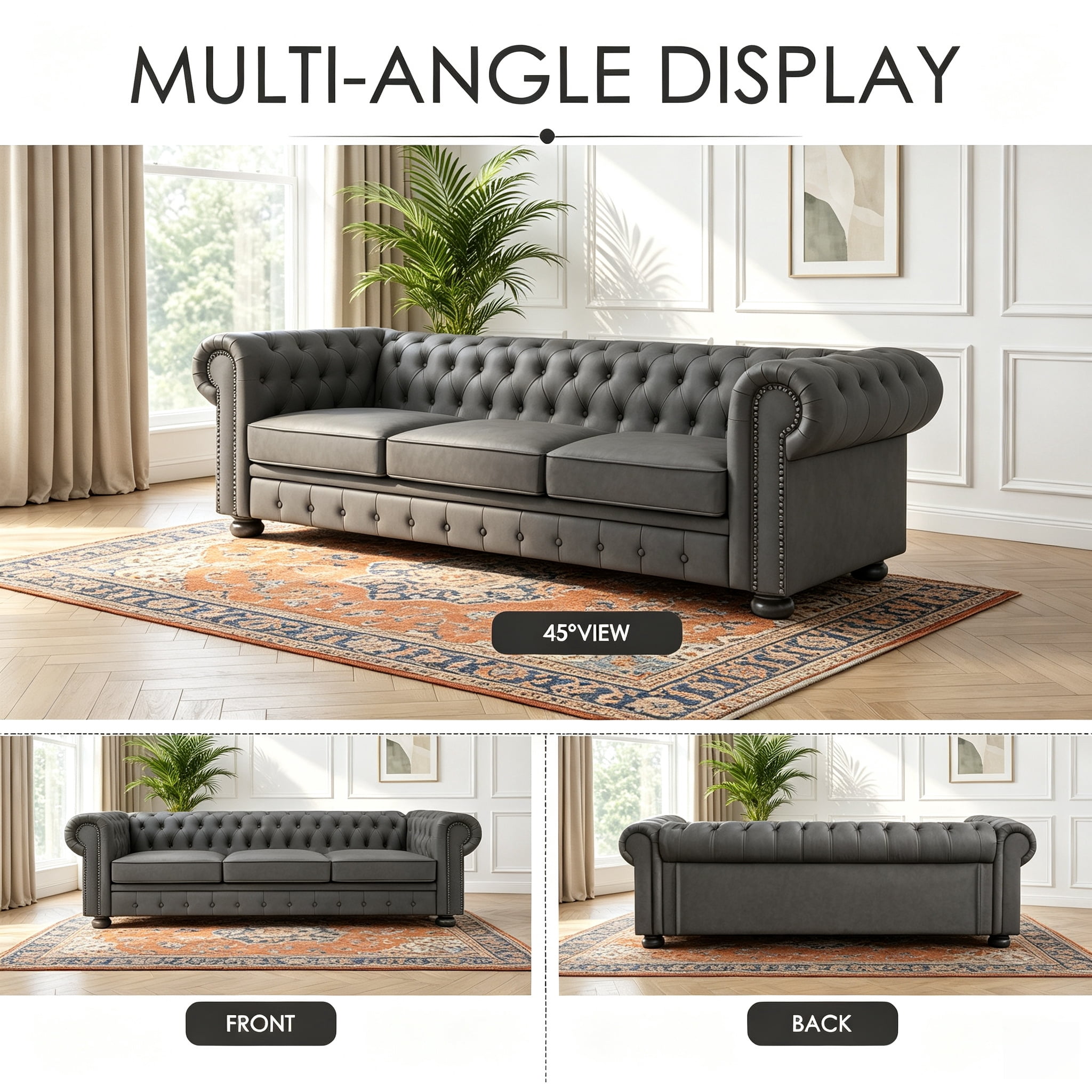 81" Dark Grey Chesterfield Faux Leather Sofa, Rolled Arm 3 Seater Couch, Button Tufted Back, Nailhead Trim, Individual Cushions, Solid Wood Legs for Living Room, Office, Apartment