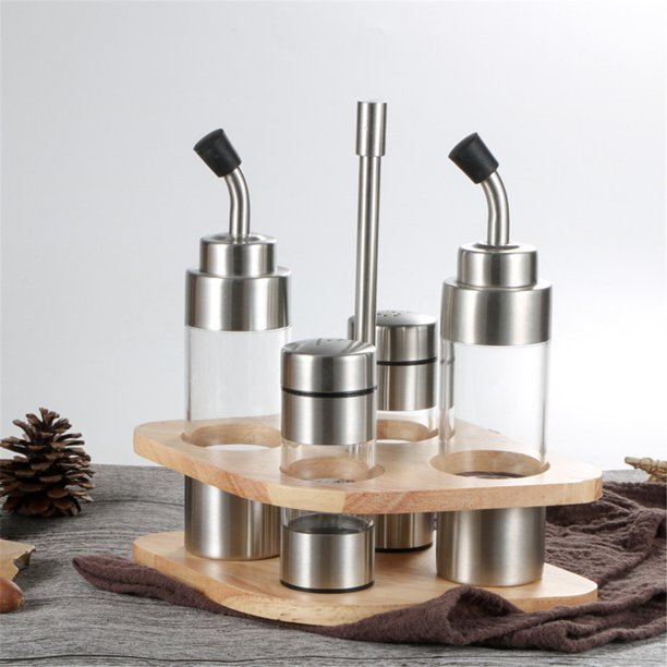 Seasoning Bottle Set With Wooden Rack Translucent Pepper Bottle Holder Kitchen Tools For Oil Salt Vinegar Soy Sauce Storage Walmart Com Walmart Com