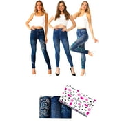 Leggix Gift Box 3 Pack High Waist Skinny, Denim Look, Stretchy, Printed Leggings for Woman - Little Butterfly/Turquoise Butterfly/Geometric - One Size