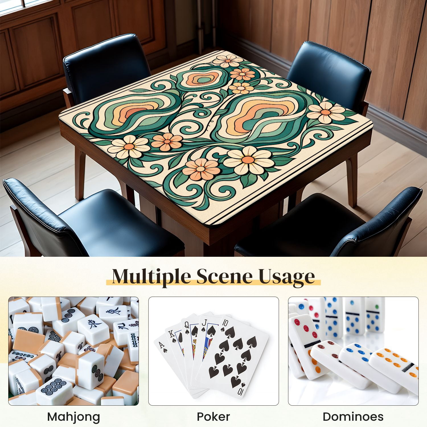 Mahjong Mat 31.5" x 31.5" Abstract Floral Waves Soft Teal Peach Tones Whimsical Swirls Non-Slip Noise Reduction Mahjong Tiles Table Cover for Dominoes Poker Card Board and Tile Games