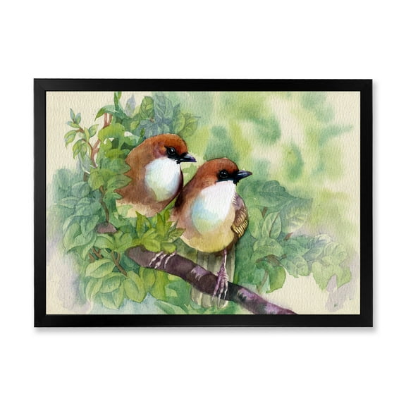 Birds Of Spring Sitting On Branch 40 in x 30 in Framed Painting Canvas Art Print, by Designart