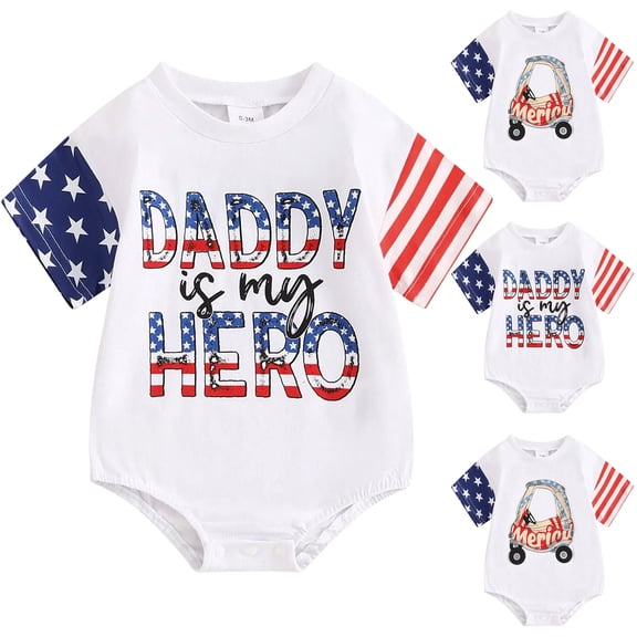 Ulanda Baby Boy Girl 4th of July Outfit USA Short Sleeve Bubble Romper Jumpsuit Newborn Fourth of July Summer Clothes (Beige, 3-6 Months)