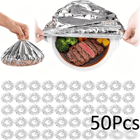 50PCS Reusable Aluminum Foil Food Covers Home Dining Table & Food Container Aluminum Foil Heat-Retaining Cover Universal Reusable Thermal Cover For Foods Elastic Edges For Bowls & Plates