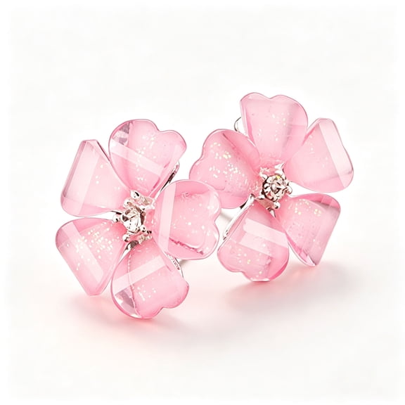 DESIGNICE Elegant Women Silver Plated Flower Rhinestone Ear Stud Earrings Jewelry Pink