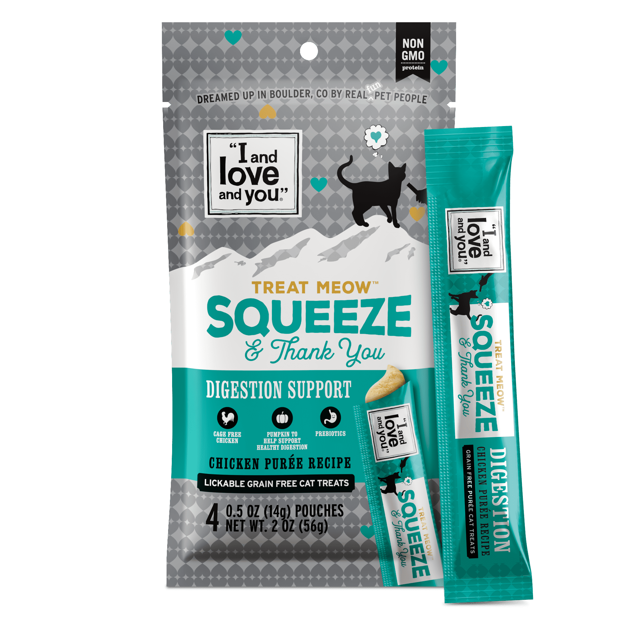"I and love and you" Treat Meow Squeeze & Thank You Treat, Digestion Support Chicken Purée, 4 Ct.