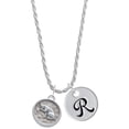thumbnail image 1 of Delight Jewelry Silvertone Sitting Cat - Round Seal Silvertone Script Initial Disc - R - Charm Necklace, 20"+3", 1 of 4