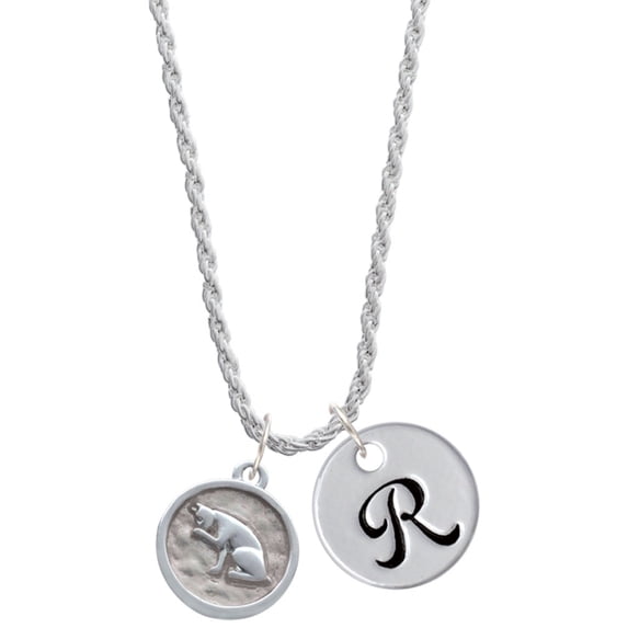 Delight Jewelry Silvertone Sitting Cat - Round Seal Silvertone Script Initial Disc - R - Charm Necklace, 20"+3"