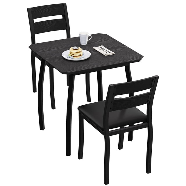 QinaQin 2-Person Compact Dining Table Set, 3-Piece Retro Black Kitchen Set with Upholstered Chairs