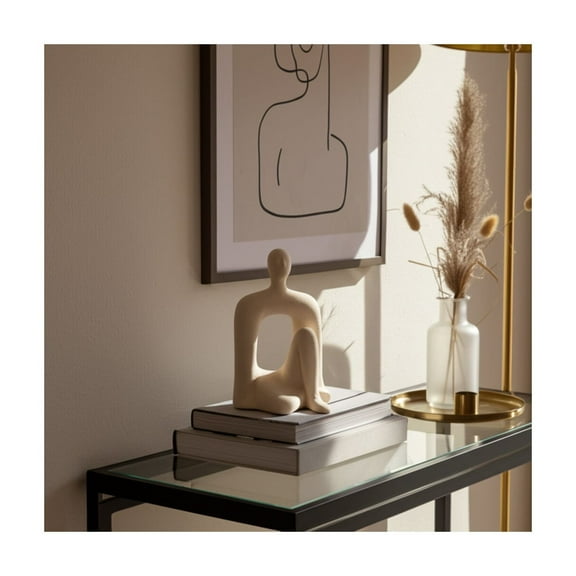 Modern Glam Figurine Sculpture Stoneware Ceramic Abstract Sitting Human Form Decorative Accent for Home Office Bedroom Living Room Shelf or Tabletop Display - 10" Ivory & Tan