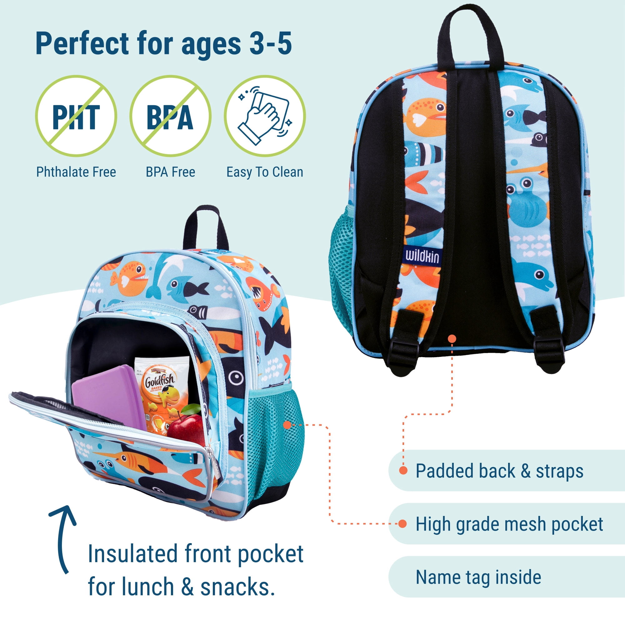 Wildkin Kids 12 Inch Backpack for Toddler Boys and Girls, Insulated Front Pocket (Big Fish Blue)