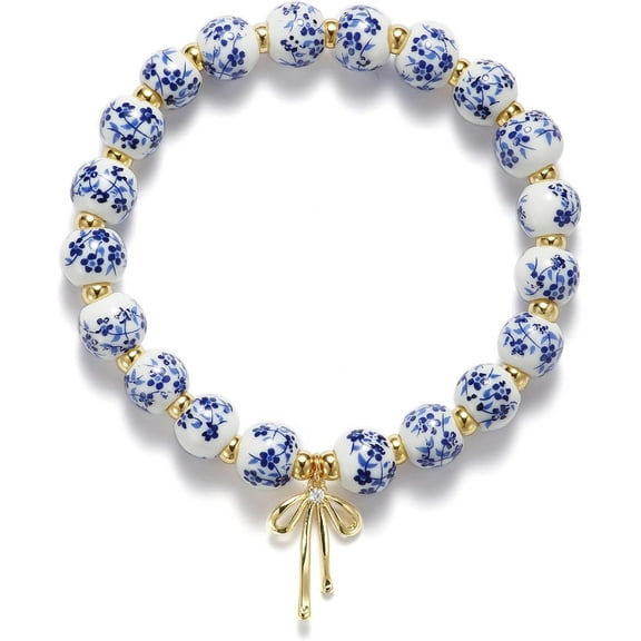 Beads Bow Charm Bracelet for Women Flower Vintage Bracelet Handmade Stretch Beaded Dainty Romantic Jewelry Gifts Blue Blue Blue