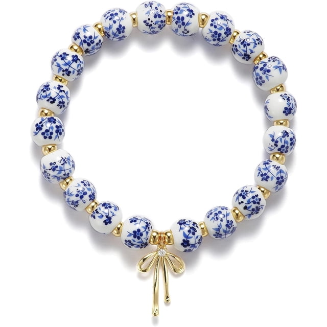 Pulsera con Dije de Moño de Cuentas para Mujer Flor Pulsera Vintage Hecha a Mano Elástica Dorada con Cuentas Delicada Romántica Joyería Regalo