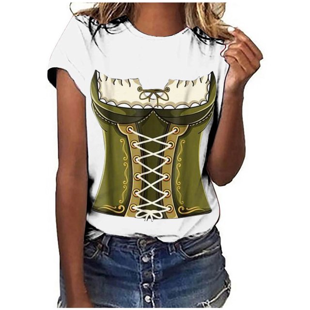 Pompotops Blouse Décontractée Mode Femme Imprimé Oktoberfest Col Rond T-Shirt Blouse Imprimée Tee Liquidation