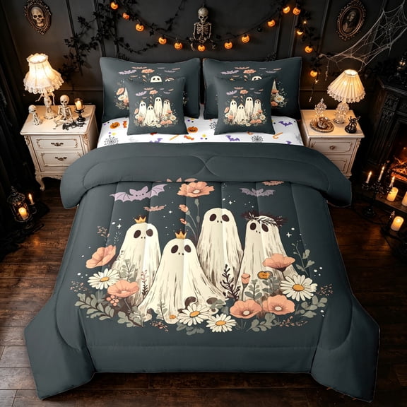Feelyou Boho Ghost Twin Bedding, Hippie Floral Bat Bedding Comforter Set, Dark Gray, Halloween Reversible, 7 Pieces
