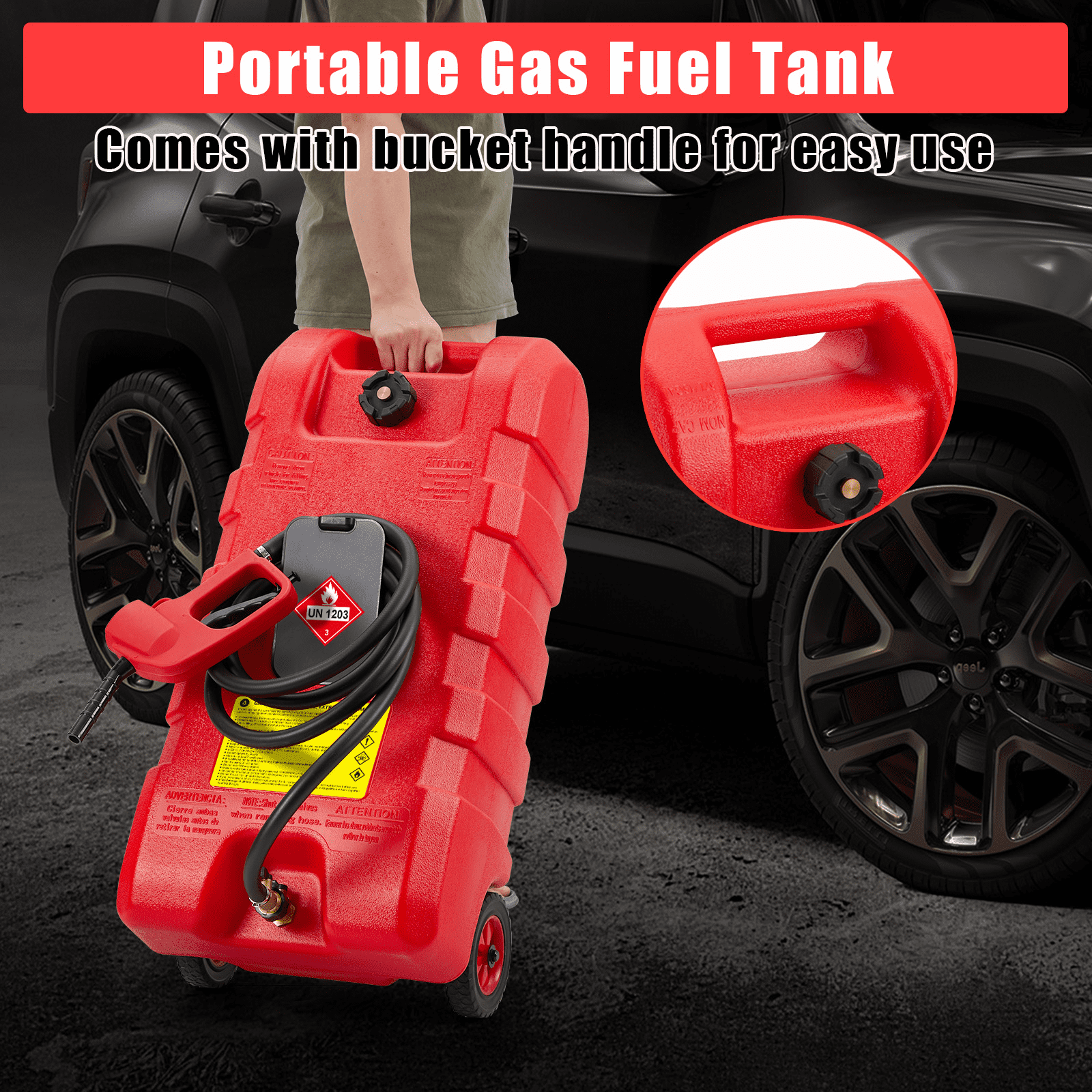 JoanKaren Industrial Portable Fuel Tank 15 Gallon Container Caddy Tank with 10-Foot Hose,Wheeled Utility Transfer Tank,Red