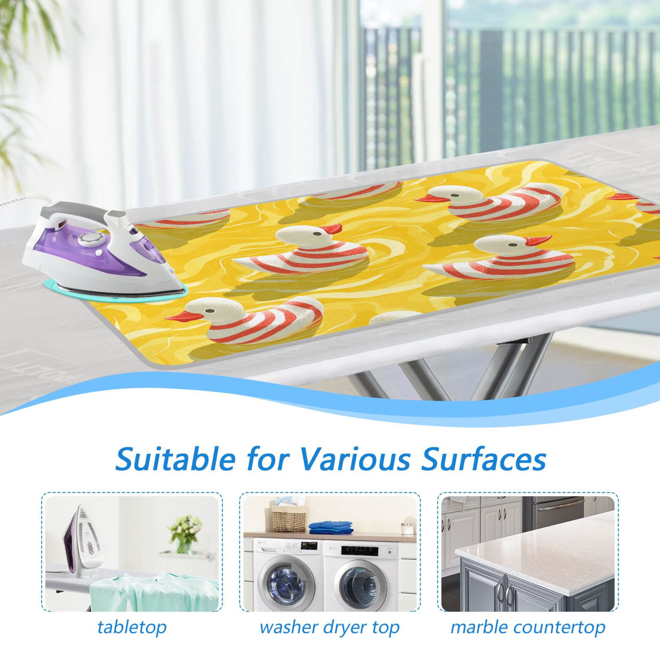 Red Stripes Duckies Swimming Ironing Mat Blanket Portable Travel Ironing Pad Heat Resistant Pad 47.2" x 27.6”