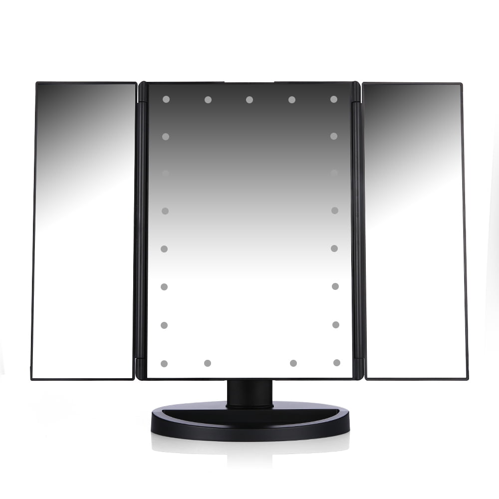 Easehold Led Lighted Vanity Mirror Make Up Tri Fold With 21pcs Lights 180 Degree Free Rotation Table Countertop Cosmetic Bathroom Black